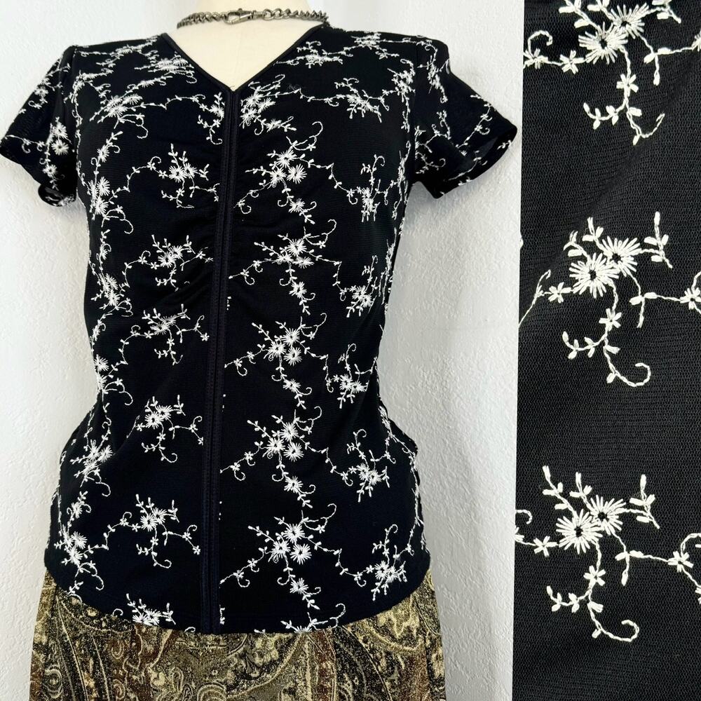 Whimsigoth Black and White Floral Embroidered Mesh Short Sleeve Top